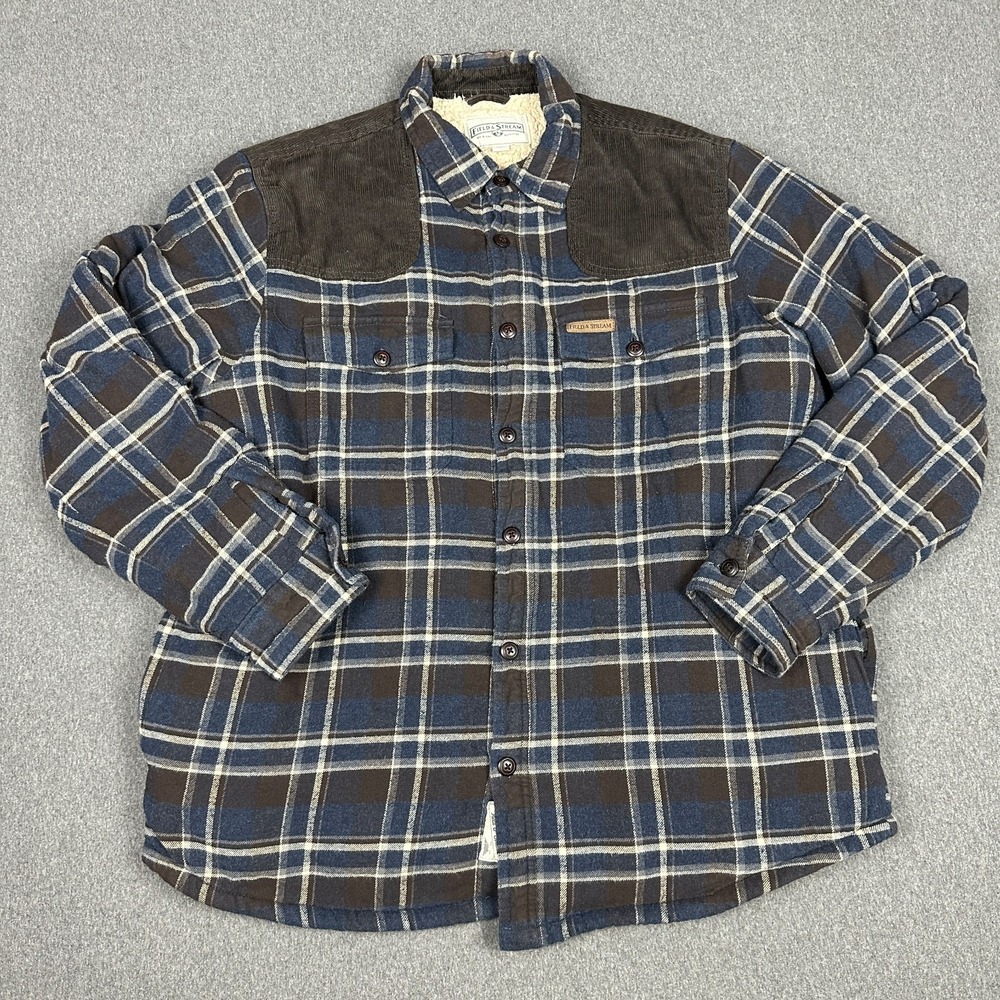 Field & Stream Sherpa Lined Flannel Shirt Jacket Mens L Blue Brown Plaid Shacket